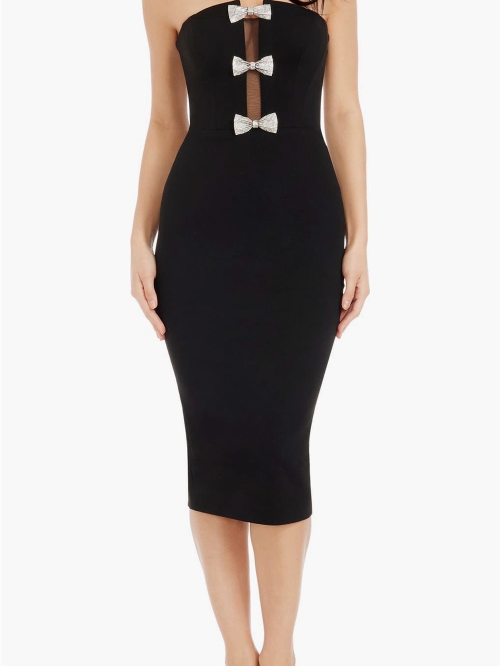 Dress the Population Sequin Bow Black Strapless Cocktail Midi Dress